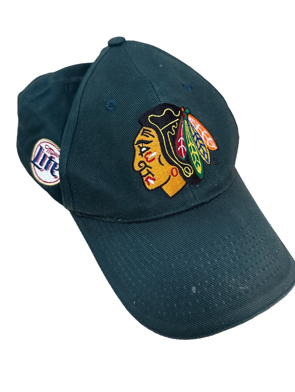 CHICAGO BLACKHAWKS Green Hat/Cap W/Miller Lite Beer And American Flag